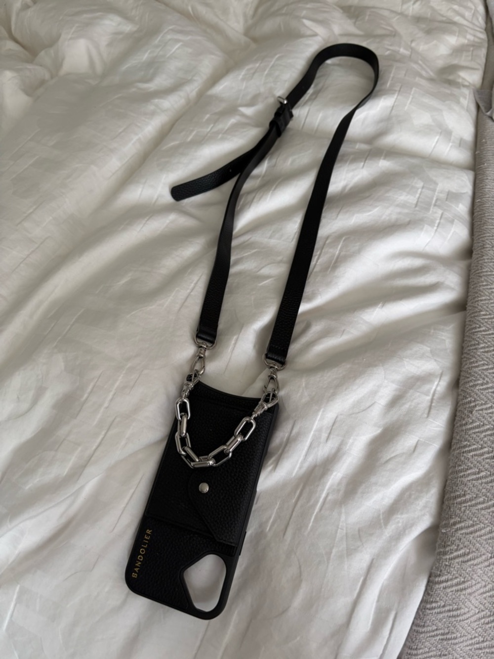 Bandolier Black Leather Crossbody Phone Case with Silver Chain